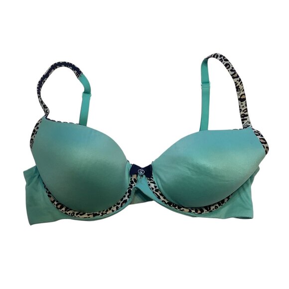 Victorias Secret Lined Demi Bra 32D Aqua Leopard Trim Adjustable Straps Women - Picture 1 of 4